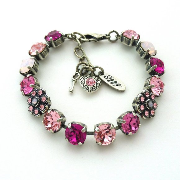 Pink Flower Tennis Bracelet Made with Genuine Swarovski Crystals - Picture 1 of 7